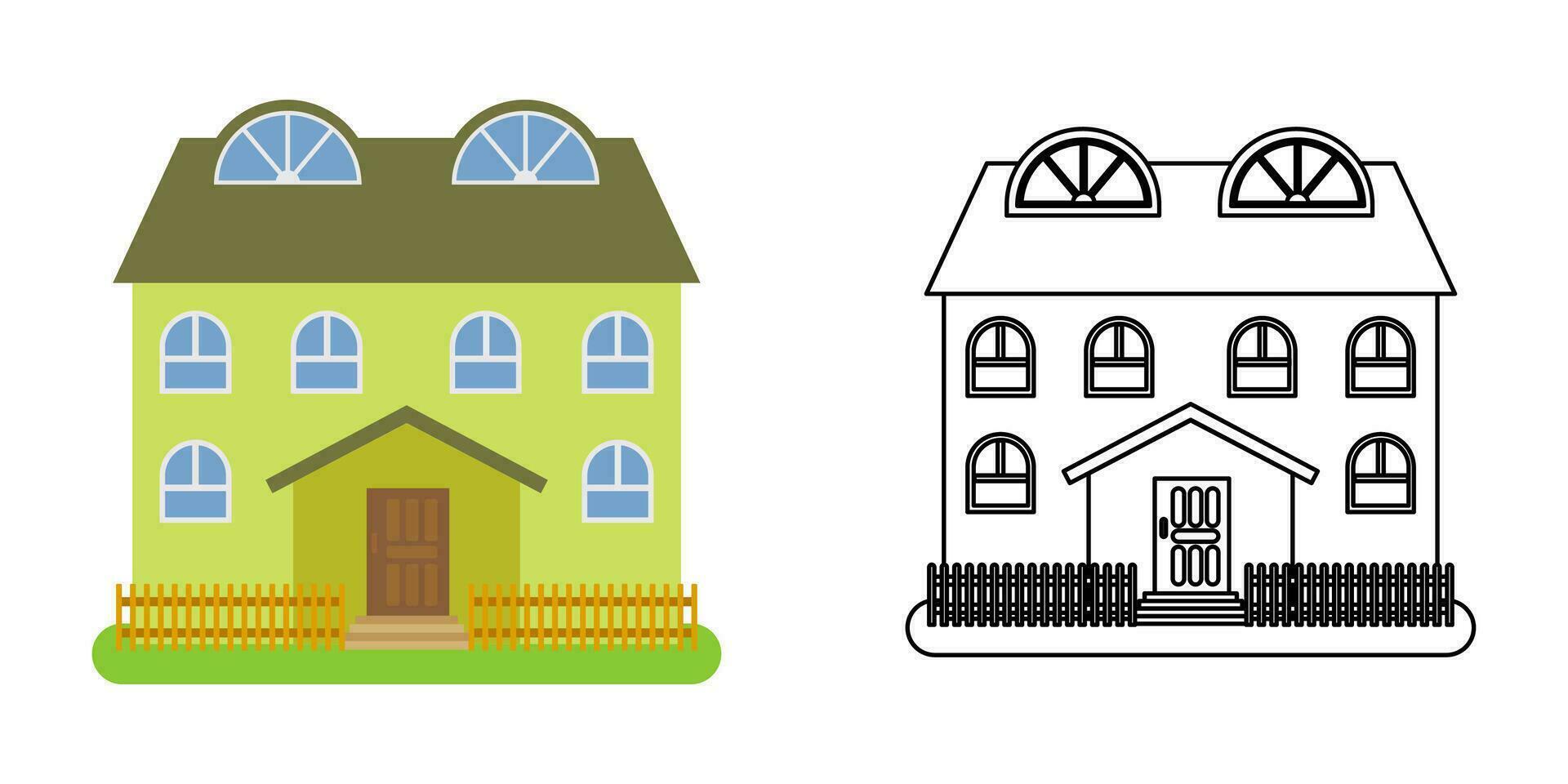 hus främre se i platt och linje stil på vit bakgrund. isolerat stuga och verklig egendom byggnad Fasad. vektor illustration