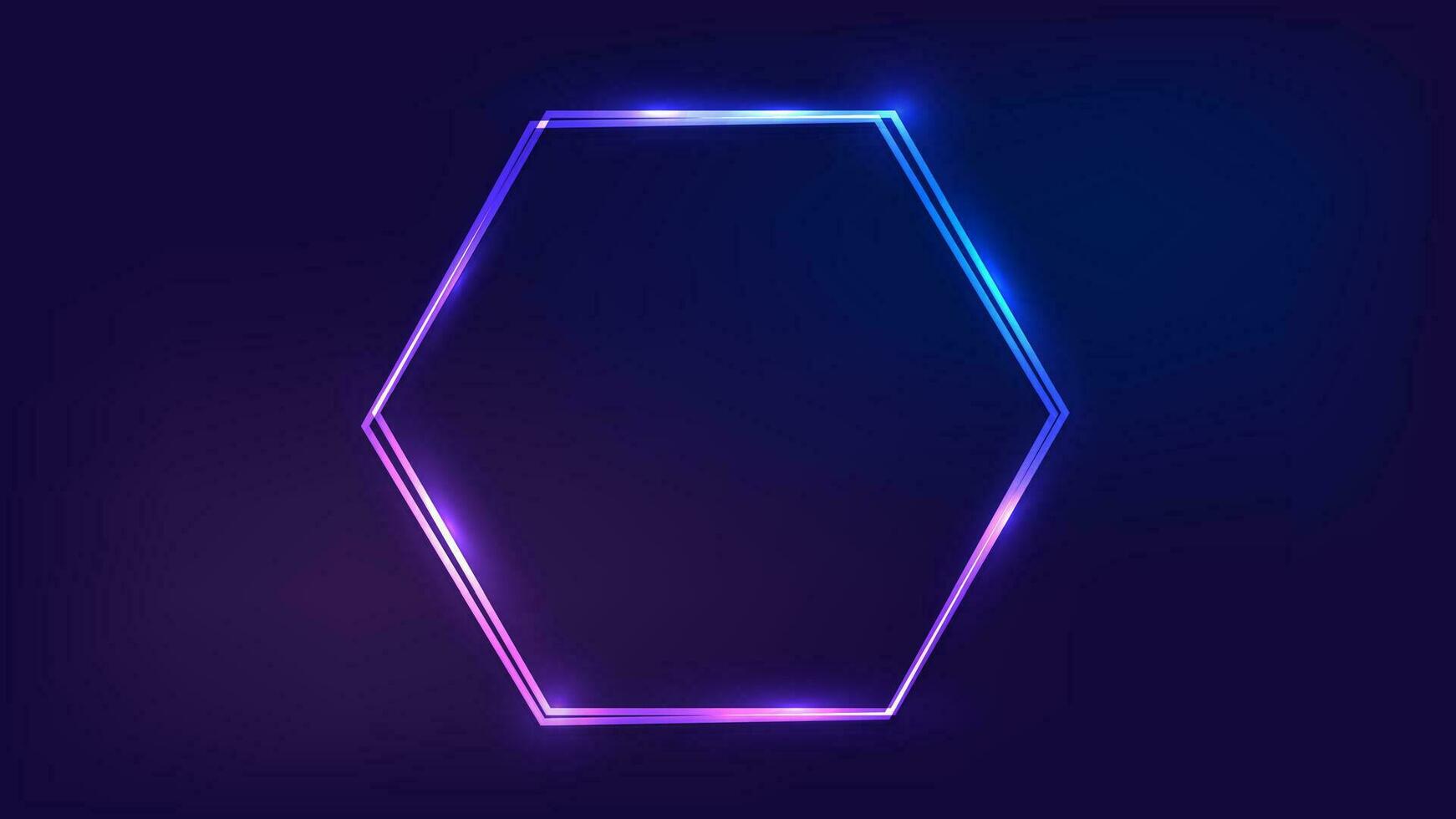 Neon- doppelt Hexagon Rahmen mit leuchtenden Auswirkungen auf dunkel Hintergrund. leeren glühend Techno Hintergrund. Vektor Illustration.
