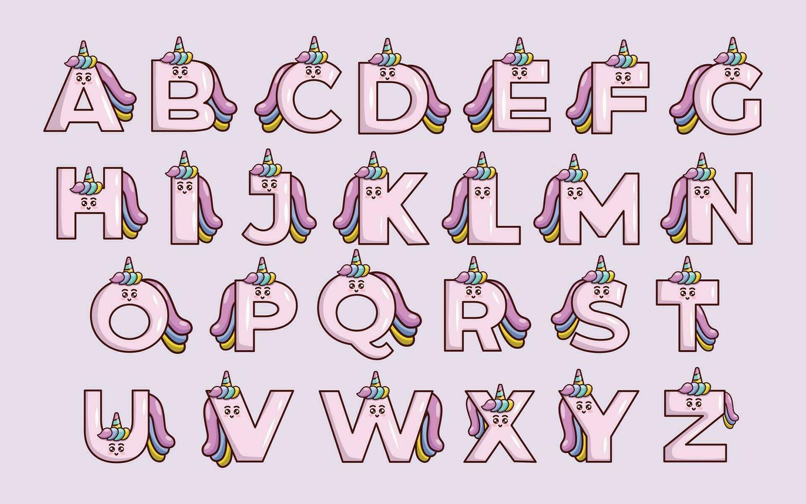söt enhörning alfabet djur- font färgrik brev vektor