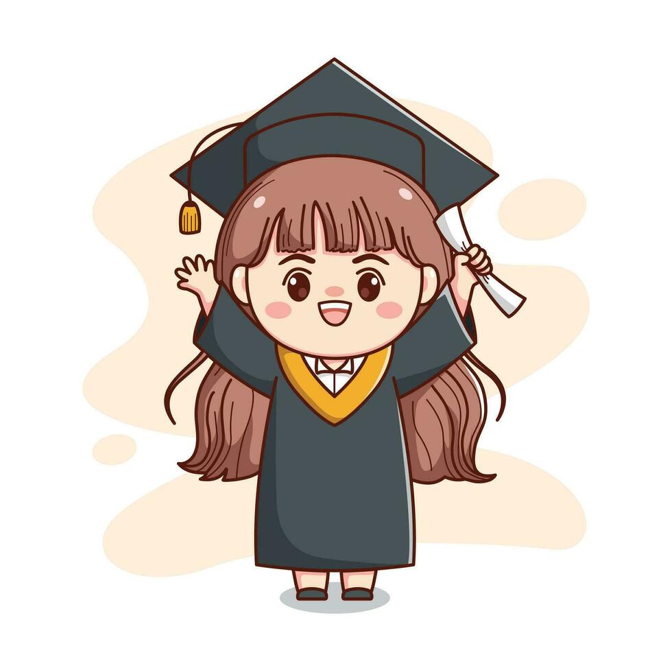 glücklich Abschluss Mädchen mit Deckel und Kleid süß kawaii Chibi Karikatur vektor