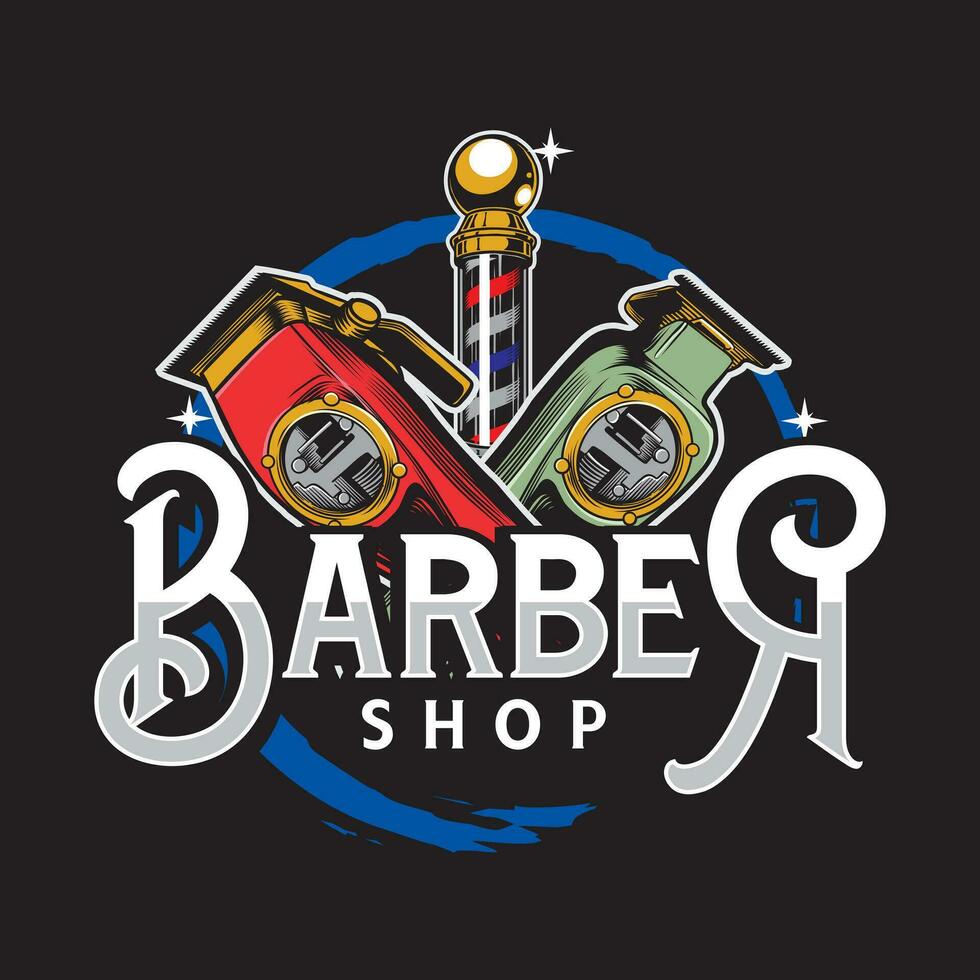 brbershop Logo mit zwei Rasierer und Stangen Blau Kreis gestalten Vektor Format