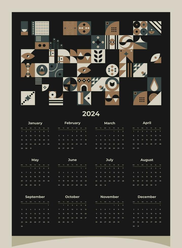 kalender 2024 geometrisk mönster. kalender mall för 2024 år med geometrisk former. vektor