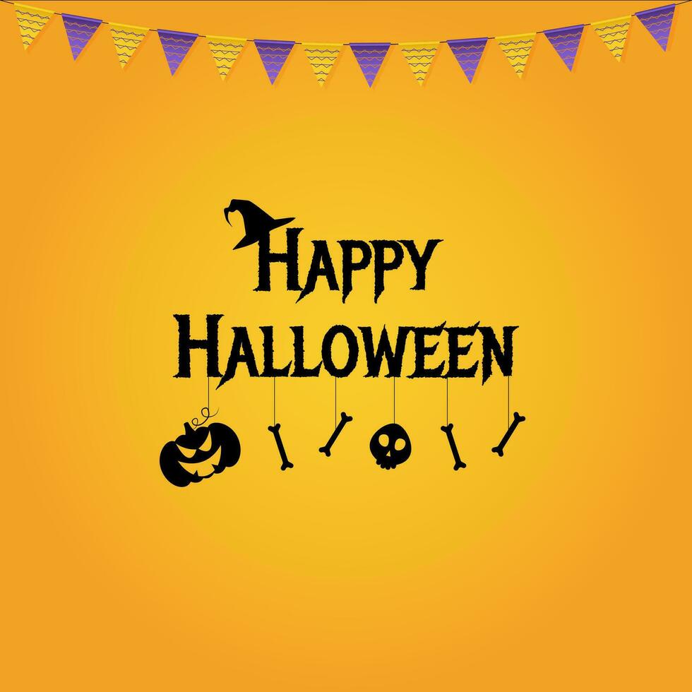 halloween baner eller bakgrund med pumpor, kyrkogård, staket, skalle, ben, fladdermöss och flaggor. vektor illustration.