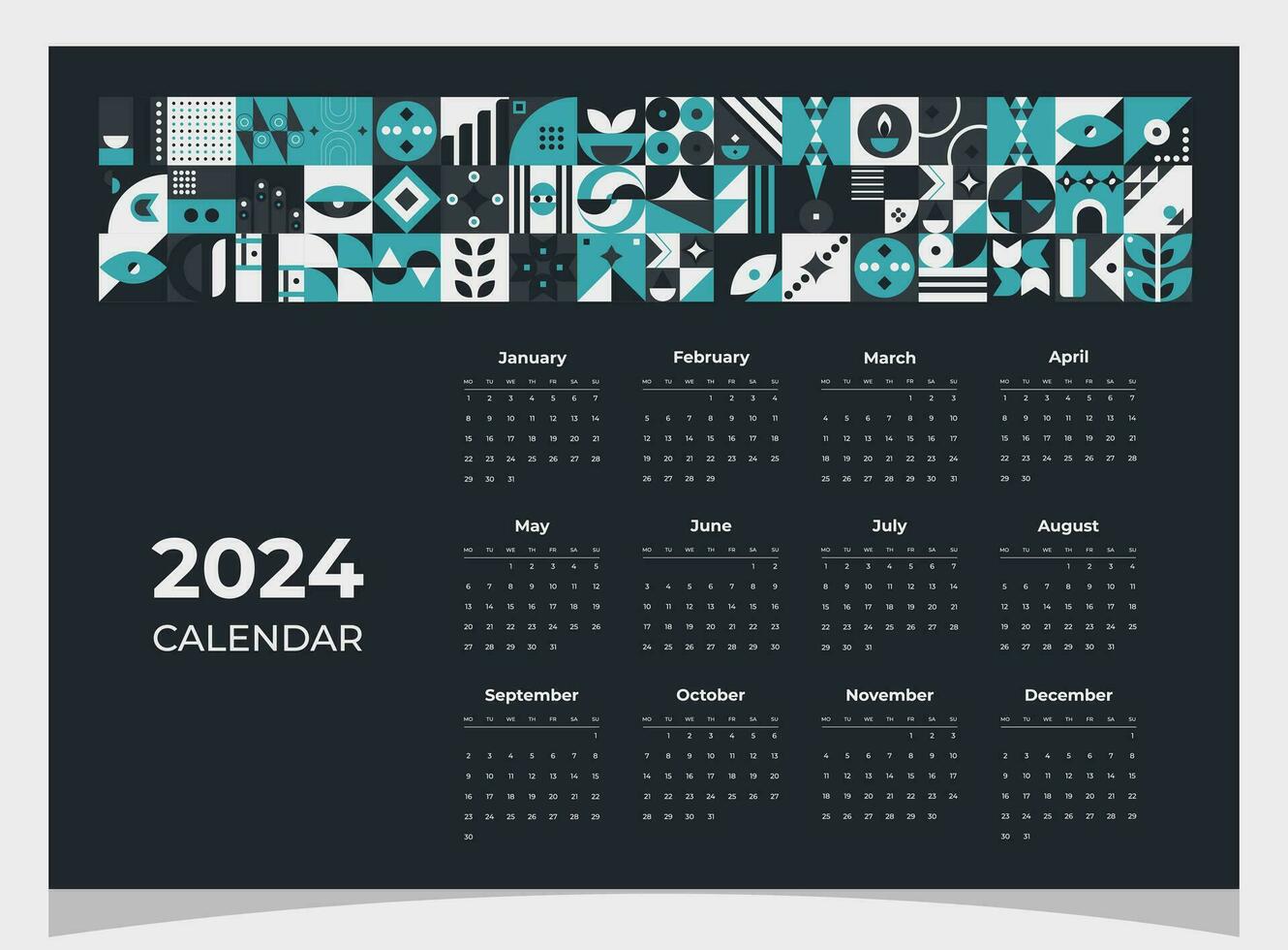 Kalender 2024 geometrisch Muster. Kalender Vorlage zum 2024 Jahr mit geometrisch Formen. vektor