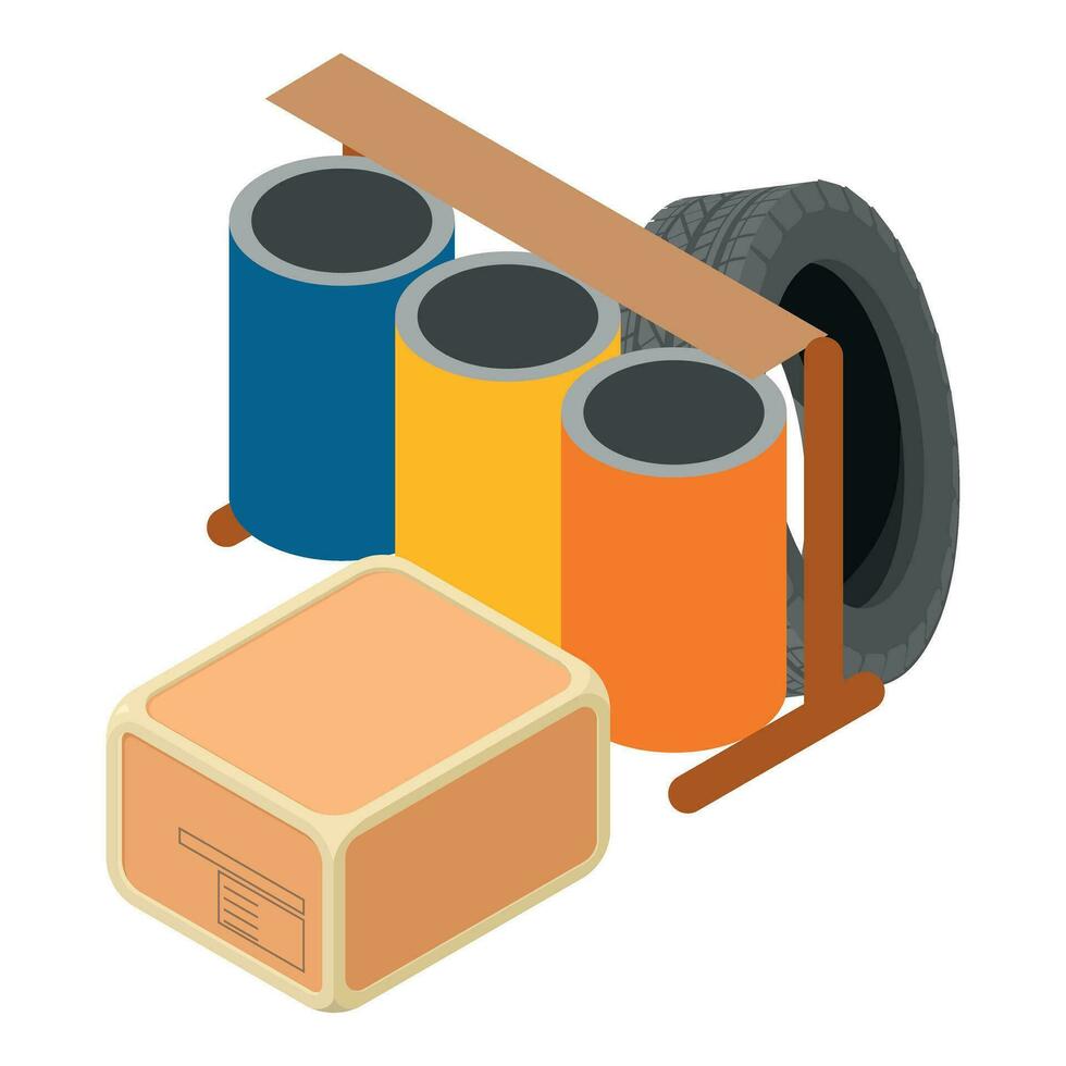 Abfall Sortierung Symbol isometrisch Vektor. getragen Auto Reifen und Paket Box in der Nähe von drei Urne vektor