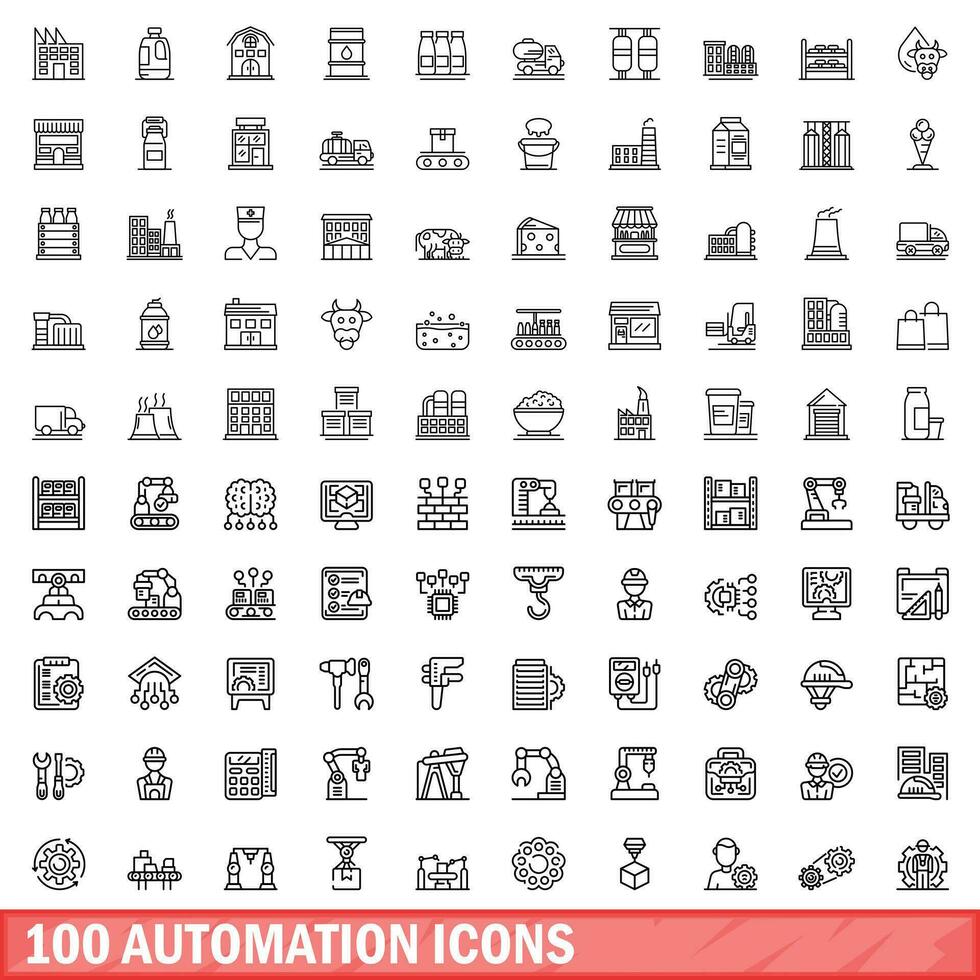 100 Automatisierung Symbole Satz, Gliederung Stil vektor