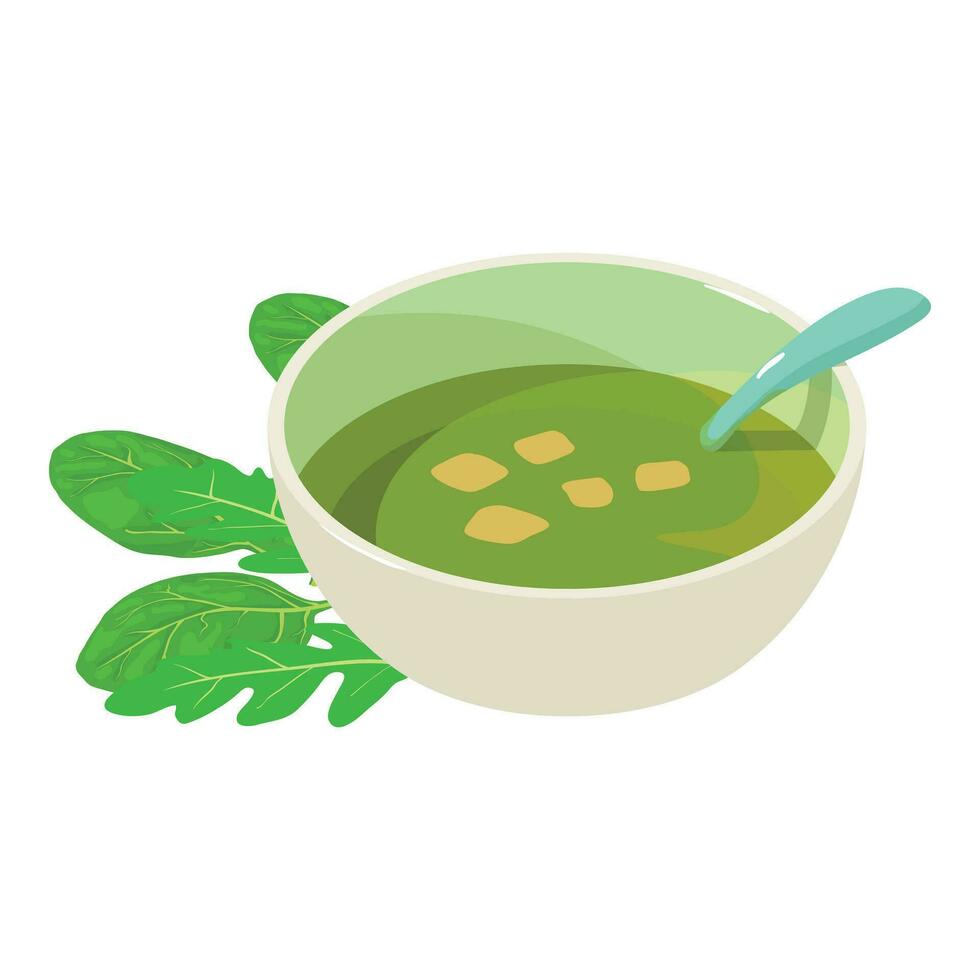 middag ikon isometrisk vektor. spenat grädde soppa och färsk grön arugula blad vektor