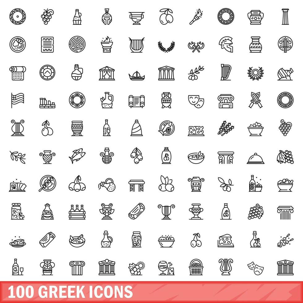 100 grekisk ikoner uppsättning, översikt stil vektor