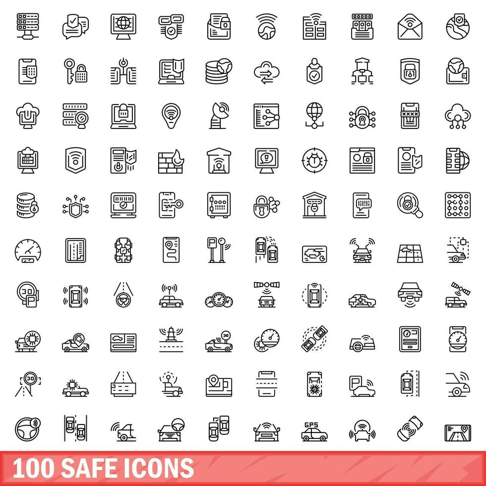 100 säker ikoner uppsättning, översikt stil vektor