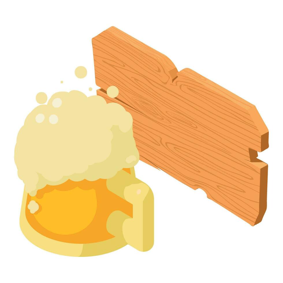 Bier Degustation Symbol isometrisch Vektor. schaumig Bier Becher und hölzern Bar Schild vektor
