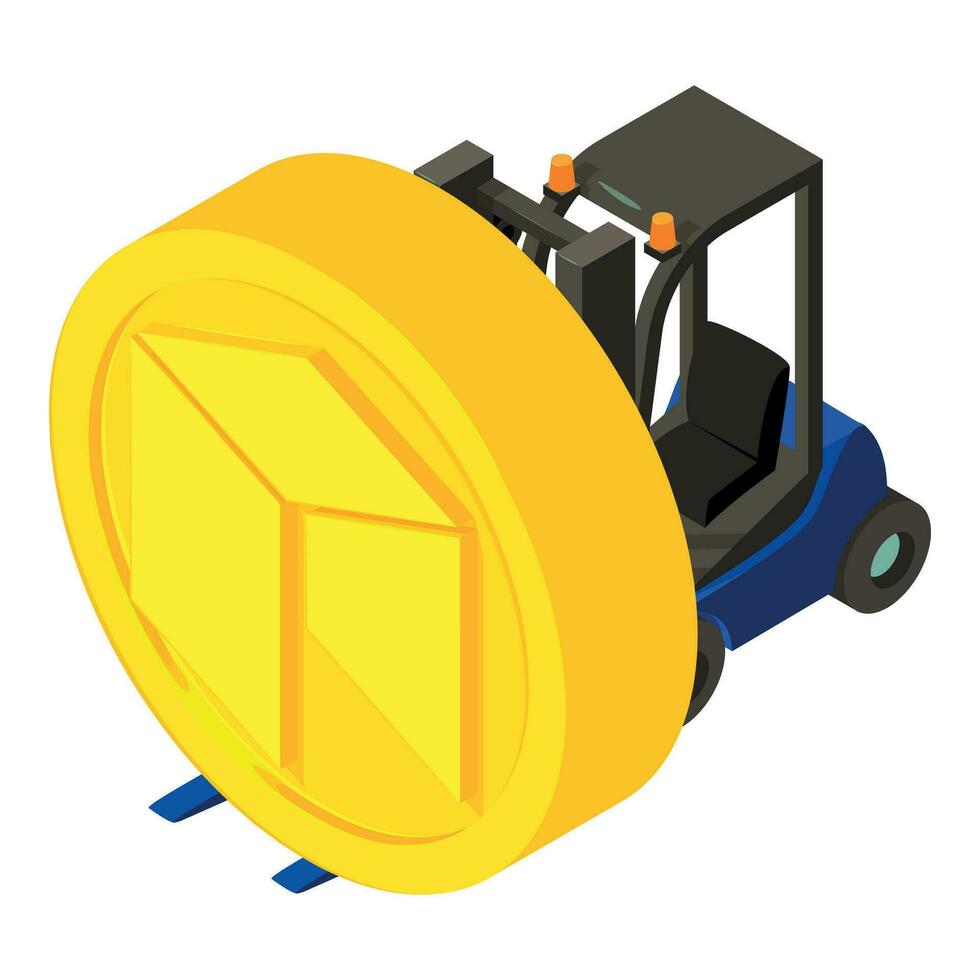 Neo Kryptowährung Symbol isometrisch Vektor. groß golden Neo Münze und Gabelstapler LKW vektor