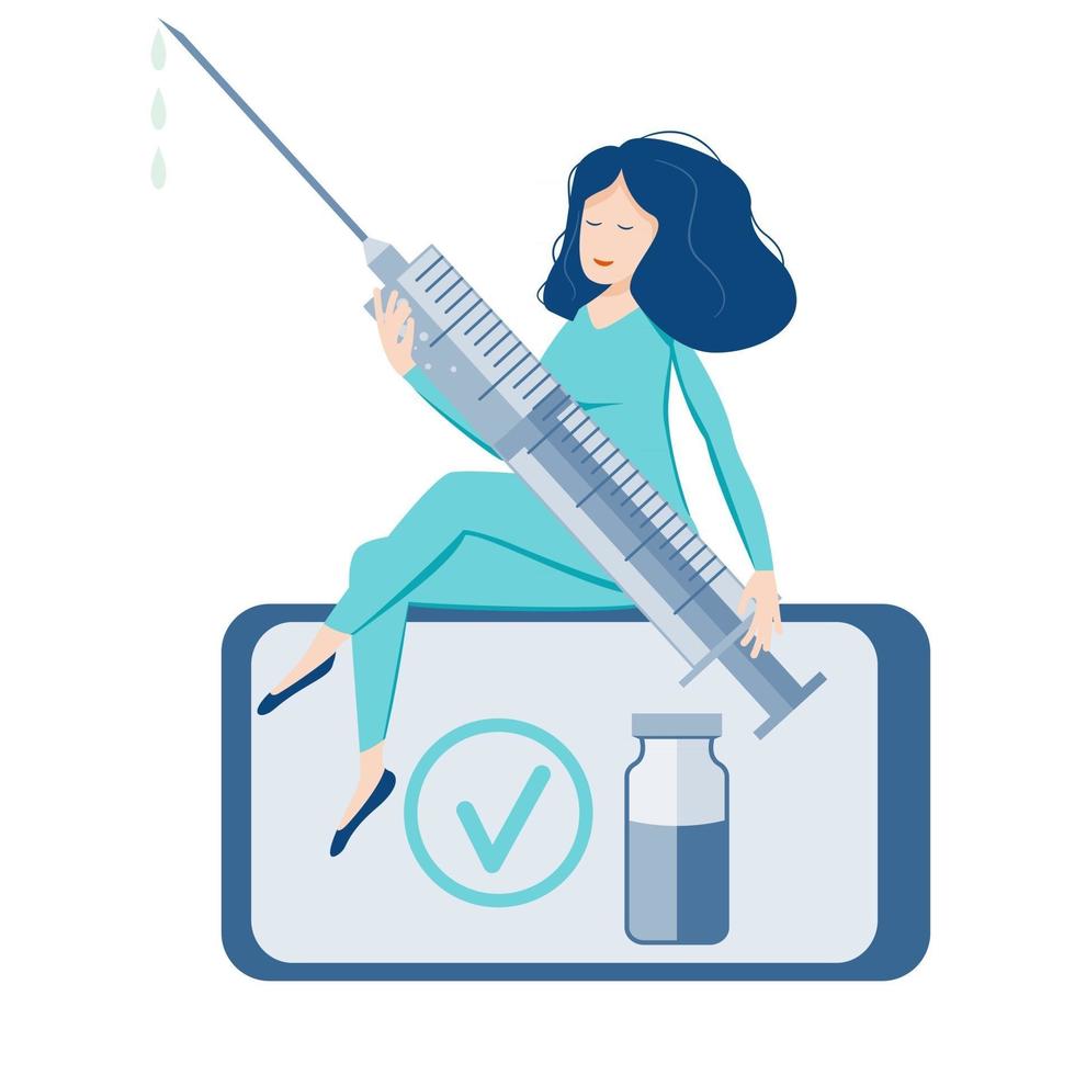 vaccination sjuksköterska sitter på smartphone med spruta vektor