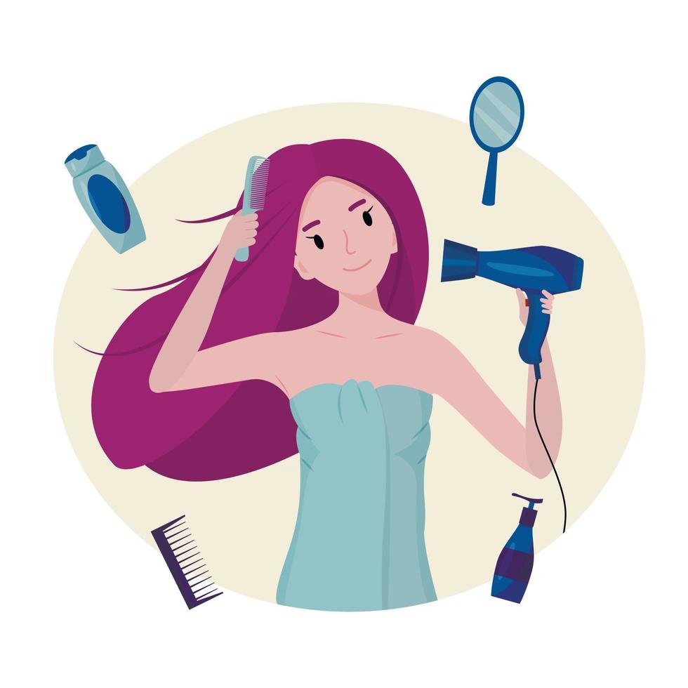 Mädchen trocknet ihre Haare mit einem Fön. Konzept der Sauberkeit Frische und Selbstpflege tägliche Routine vektor