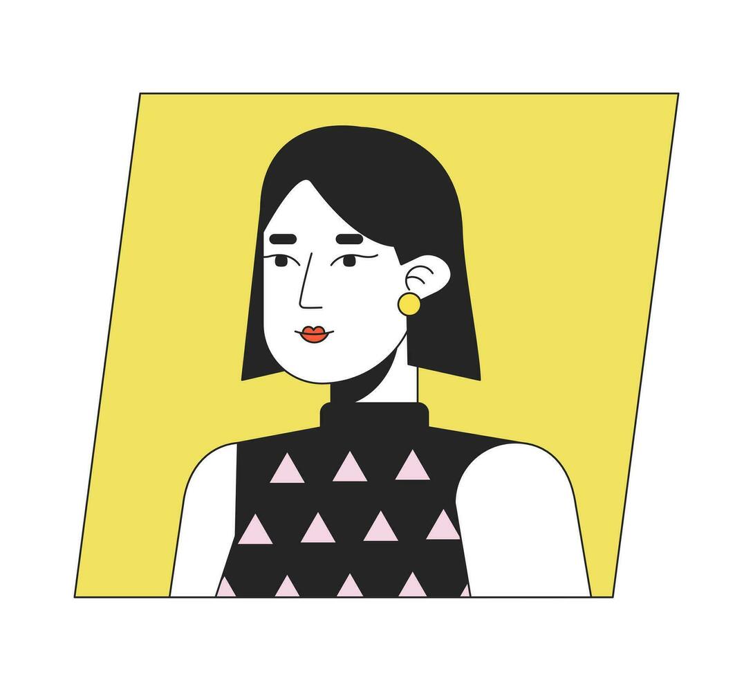 allvarlig asiatisk kvinna med kort hår platt Färg tecknad serie avatar ikon. redigerbar 2d användare porträtt linjär illustration. isolerat vektor ansikte profil ClipArt. användarbild, person huvud och axlar