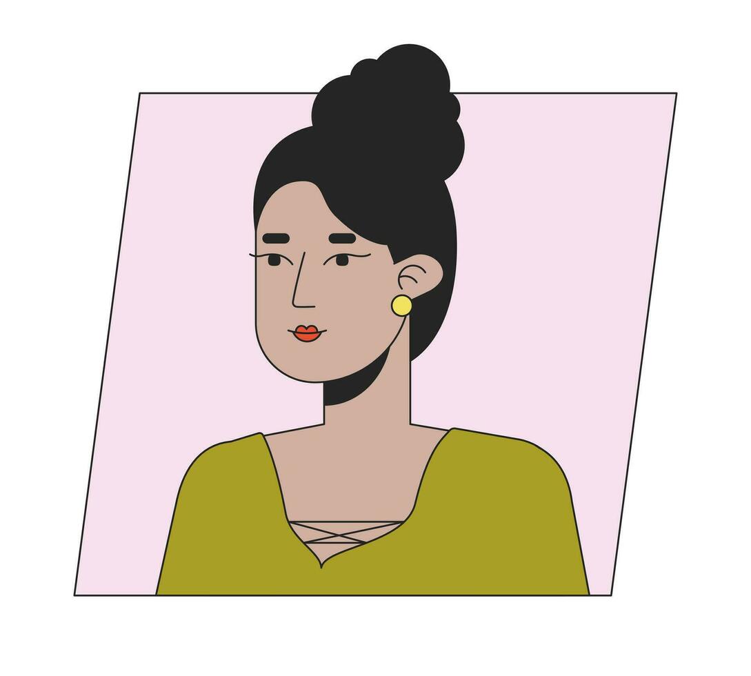 attraktiv indisk kvinna med bulle frisyr platt Färg tecknad serie avatar ikon. redigerbar 2d användare porträtt linjär illustration. isolerat vektor ansikte profil ClipArt. användarbild, person huvud och axlar