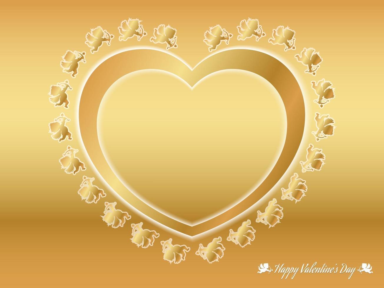 Valentinstag-Vektor-Hintergrund-Illustration mit goldenen Amoren, die um ein goldenes Herz fliegen vektor
