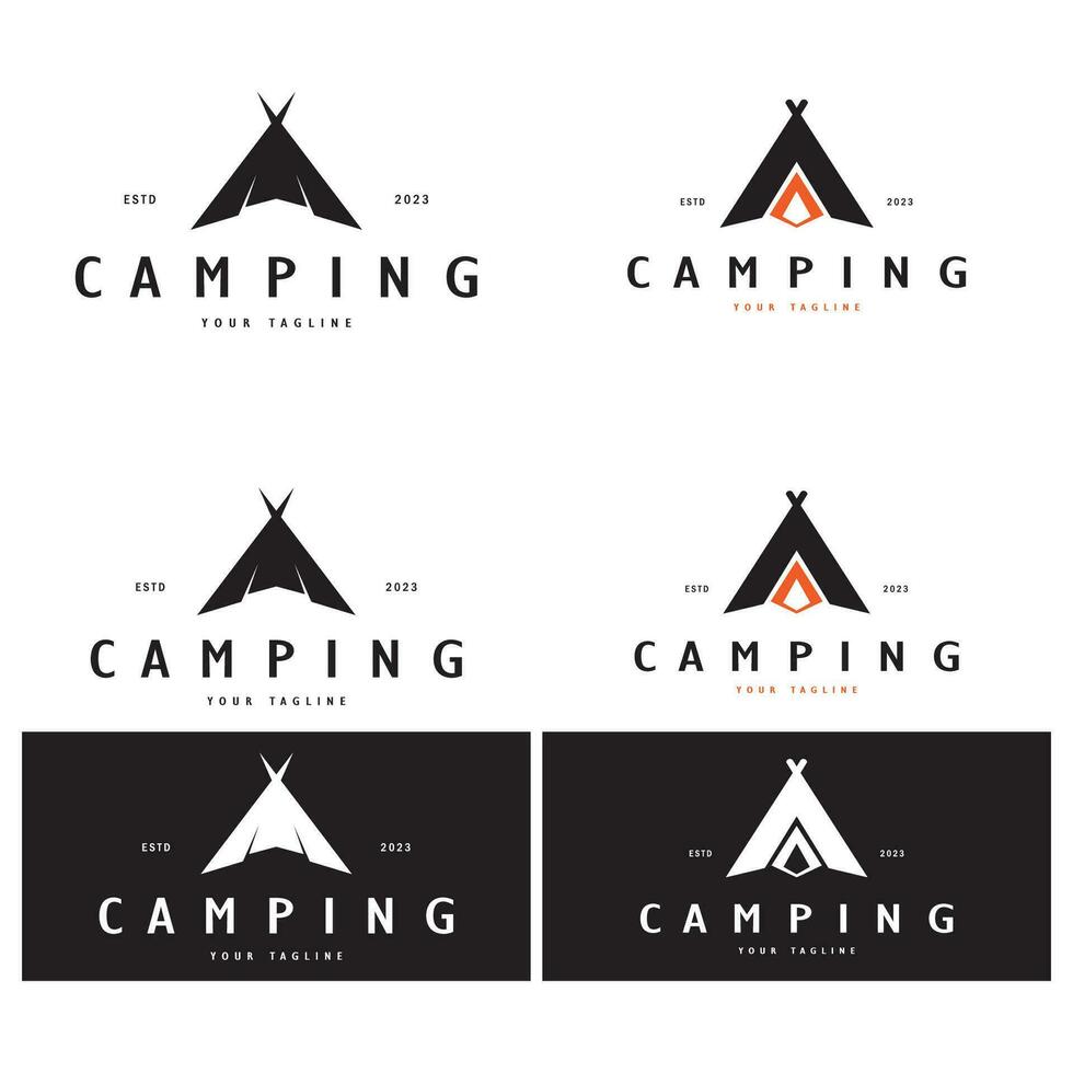 årgång och retro tält logotyp, camping. med tält, träd och bål tecken. äventyrare, scouter, klättrare, camping Utrustning Centrum vektor