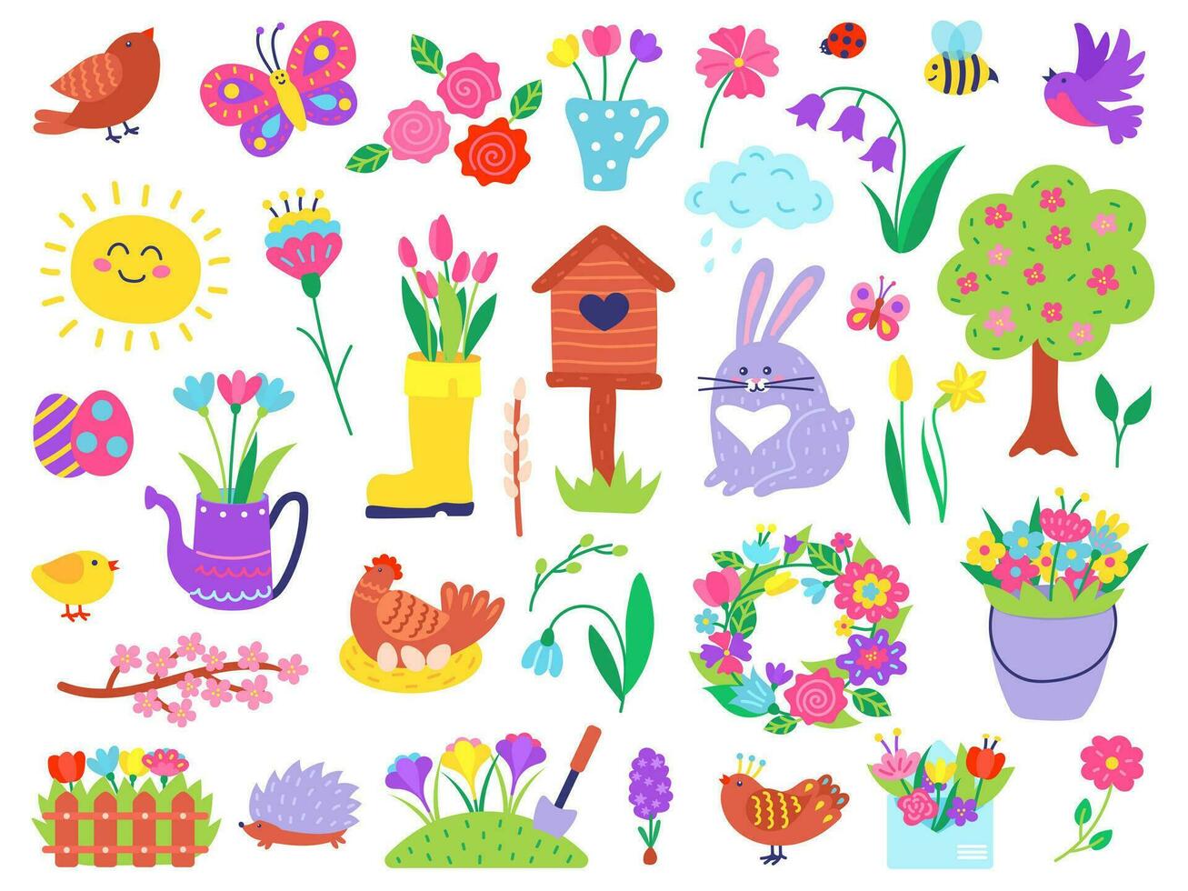 söt vår doodles, hand dragen påsk och springtime element. blomma blommor, fåglar, kanin, kyckling, blomma trädgård klotter vektor uppsättning