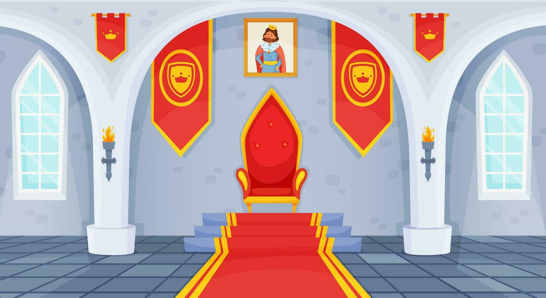 slott tron rum, kunglig palats interiör, medeltida balsal. tecknad serie saga rike hall med kung troner stol, flaggor vektor illustration