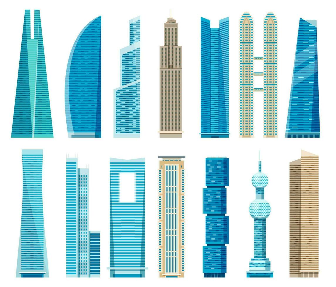skyskrapor, modern skyskrapa torn, stad företag kontor byggnader. stadens centrum glas arkitektur, urban byggnad Fasad vektor uppsättning