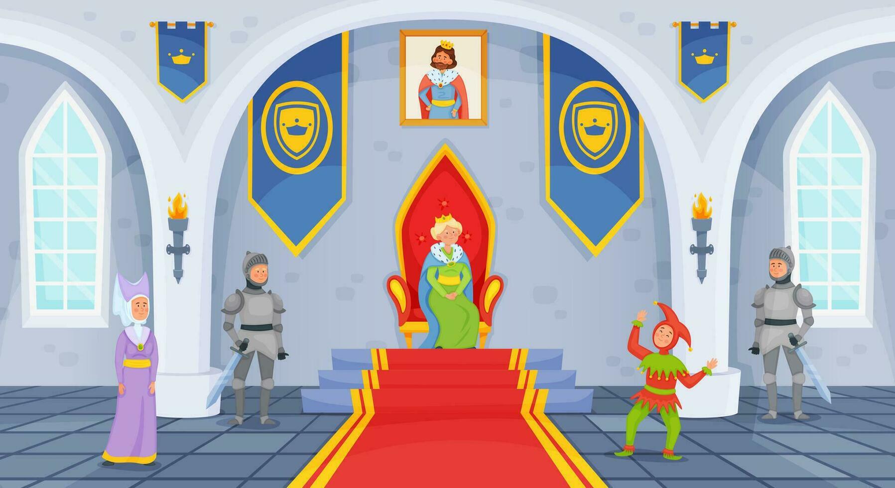 Karikatur Schloss Halle mit Thron, Ballsaal Innere mit mittelalterlich Figuren. Königin, Ritter, Dame, königlich Palast Zimmer Vektor Illustration