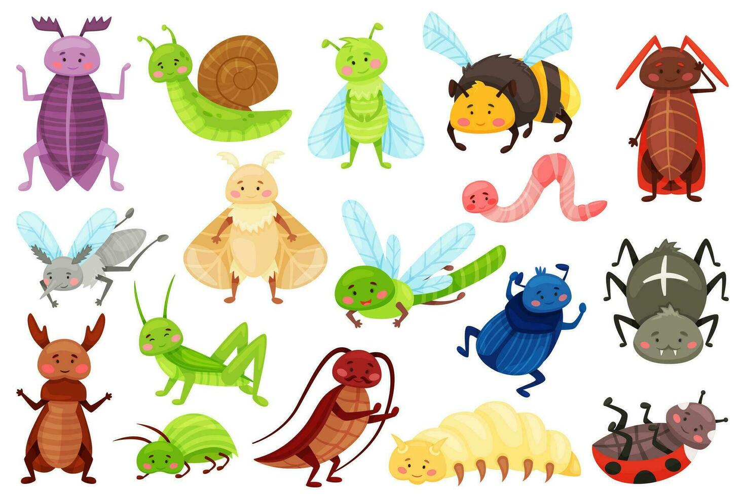 Karikatur Insekten, süß Garten Fehler, Libelle, Marienkäfer, Spinne. komisch Schnecke, Hummel, Libelle, lächelnd Insekt Zeichen zum Kinder Vektor einstellen