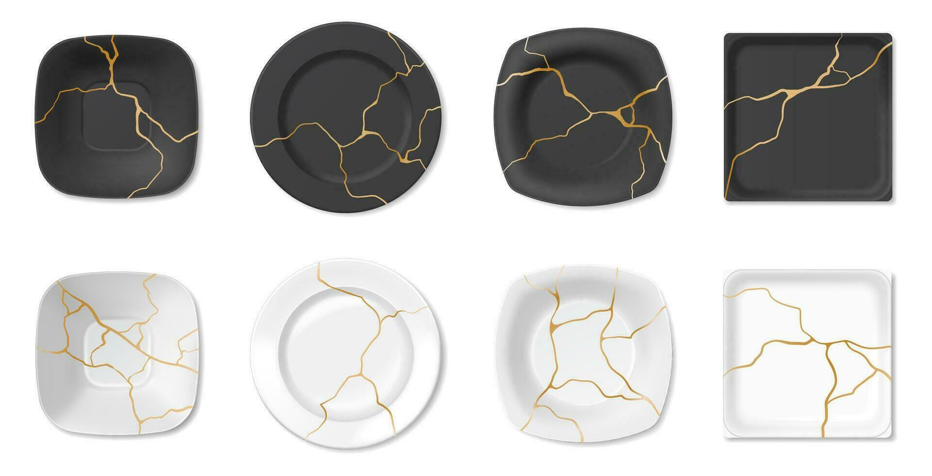 kintsugi, bruten plattor med gyllene sprickor, japansk konst av reparera. reparation knäckt krukmakeri med guld, marmor mönster tallrik vektor uppsättning