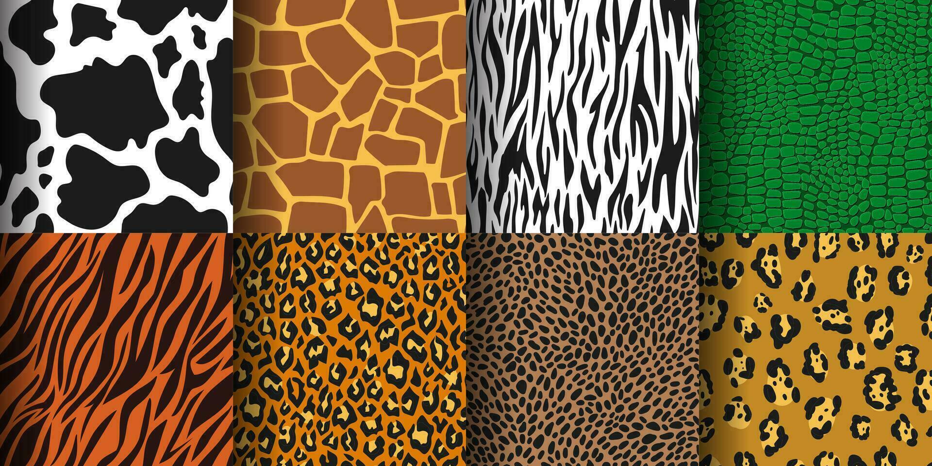 djur- skriva ut sömlös mönster, tiger, leopard hud bakgrund. gepard, zebra, giraff skinn, vild djungel djur grafik textur vektor uppsättning