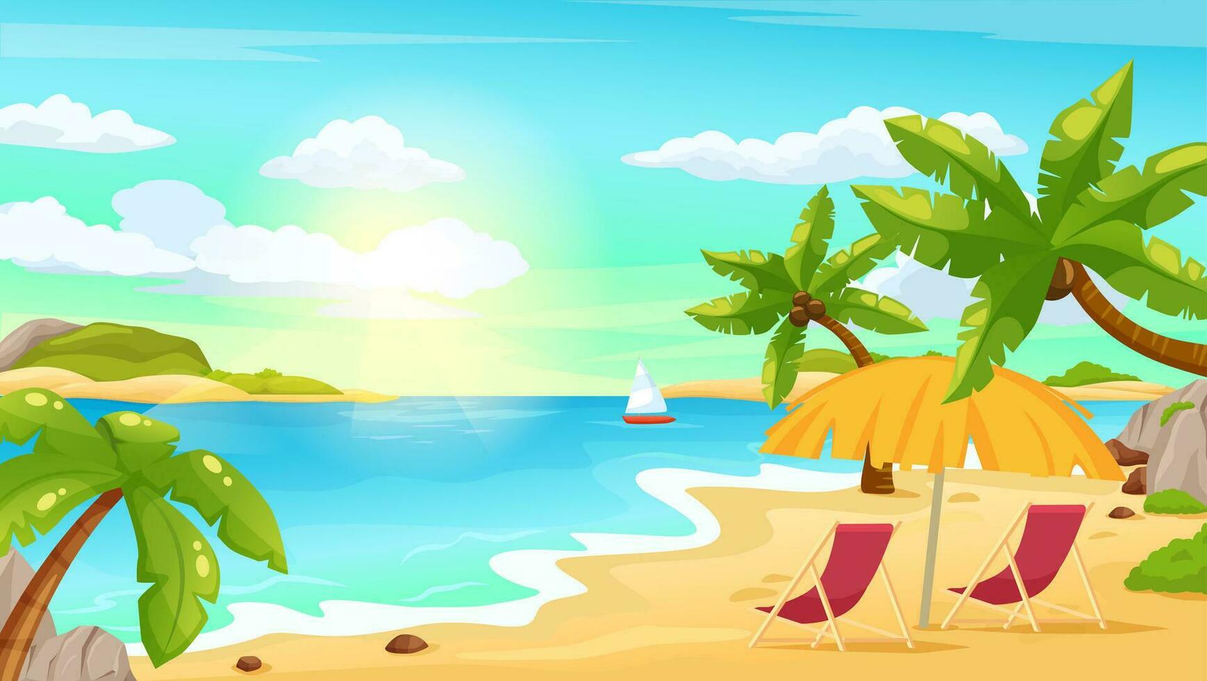 sonnig tropisch Strand Landschaft mit Palmen, Meer und Sonne Regenschirm. Sommer- Urlaub Ferien auf exotisch Insel, Strand Szene Vektor Illustration