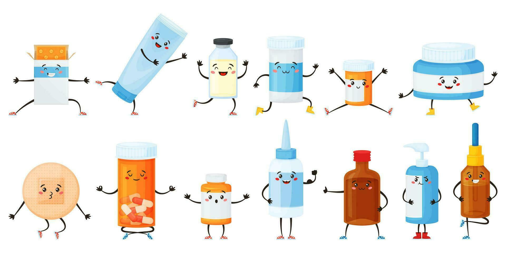 tecknad serie medicinsk piller tecken med rolig ansikten, medicin maskotar. piller och tabletter i flaskor, mediciner, apotek läkemedel maskot vektor uppsättning