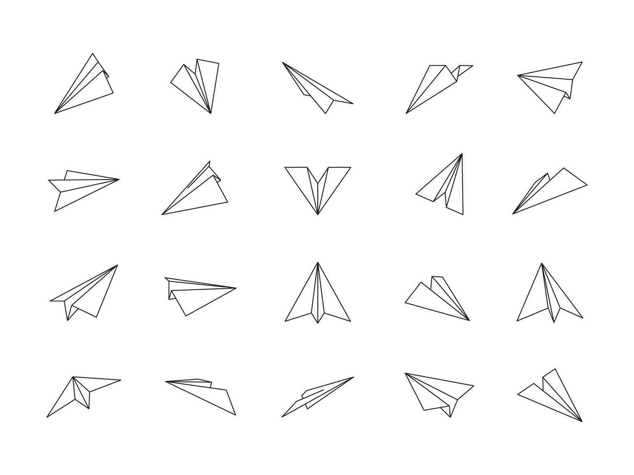 linje papper flygplan. vikta papper origami plan ikoner, direkt meddelande, flyg av trodde och fantasi begrepp. vektor flygplan symbol samling