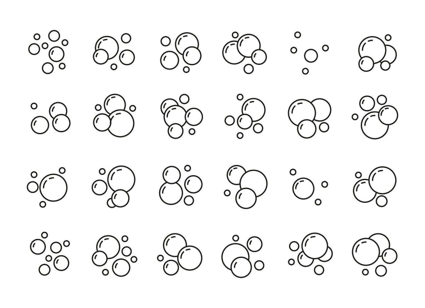 Seife Luftblasen Linie Symbole. Sauerstoff Gliederung Logo, Wasser Schaum Bälle Logo zum sprudelnd Getränke und Dusche Gel. Vektor luftig Champagner oder Seife Bälle isoliert Sammlung