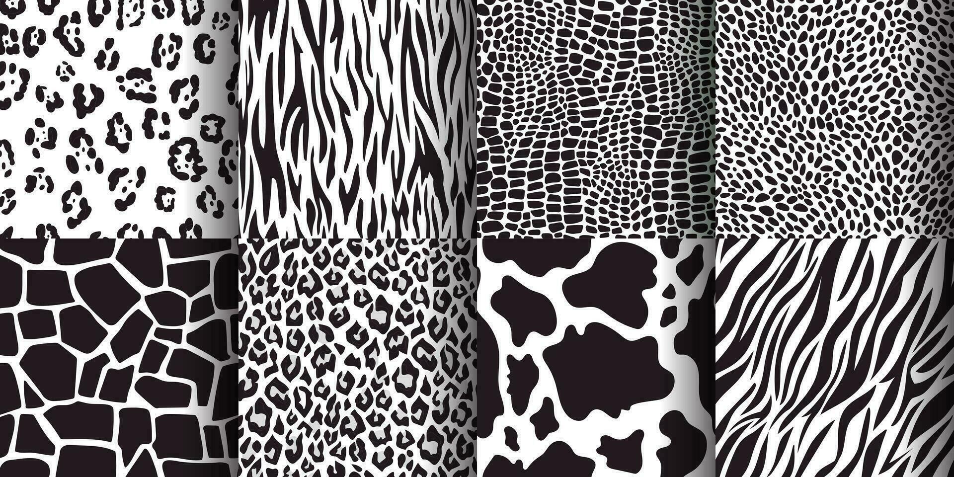 Tier Haut nahtlos Muster, Giraffe, Leopard, Tiger, Kuh Drucke. Tierwelt Tiere drucken Textur, Zebra, Gepard Skins Muster Vektor einstellen