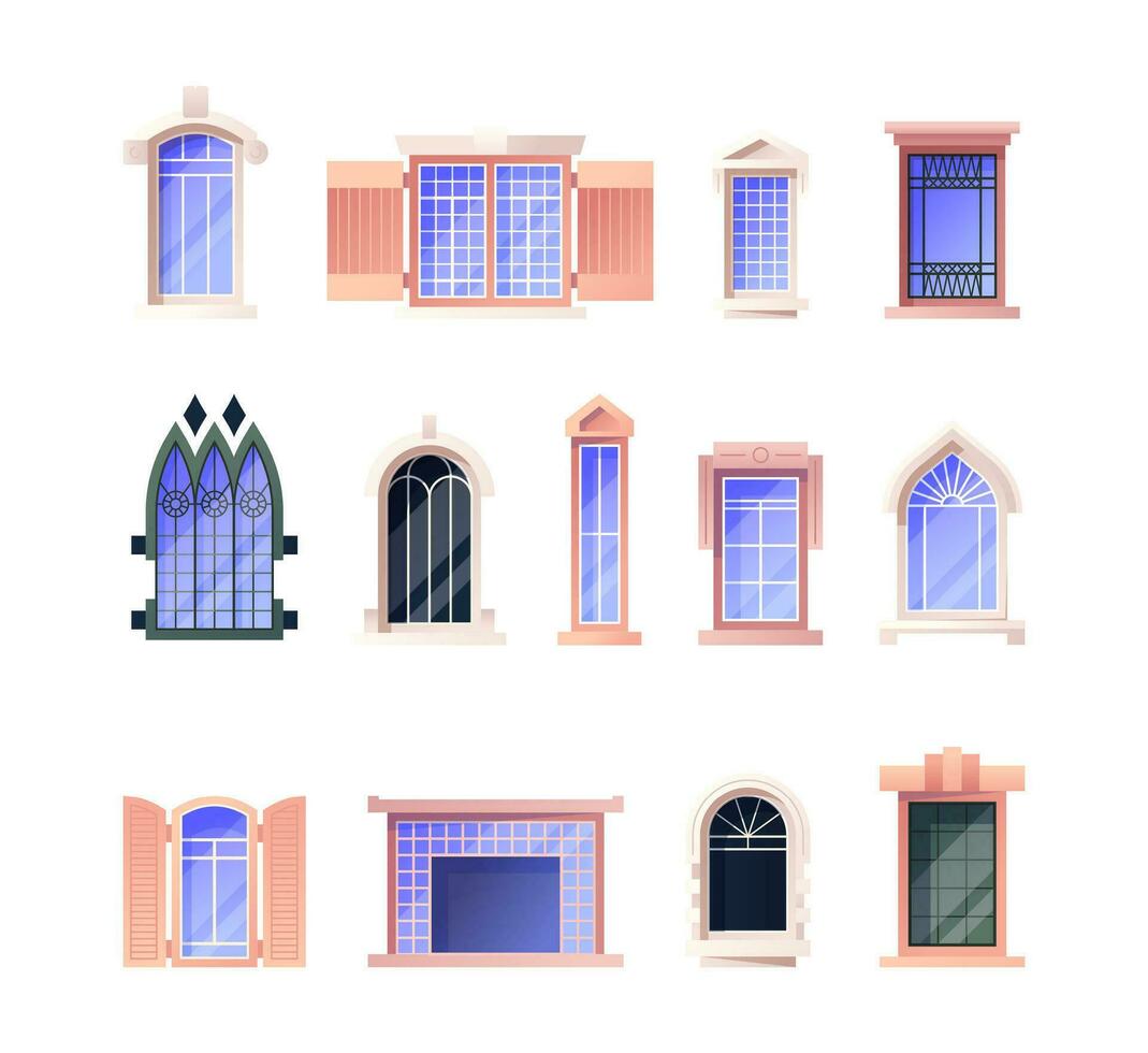 årgång fönster. tecknad serie gammal detaljerad arkitektonisk exteriör element med valv och ramar. vektor slott och bostad retro fönster uppsättning