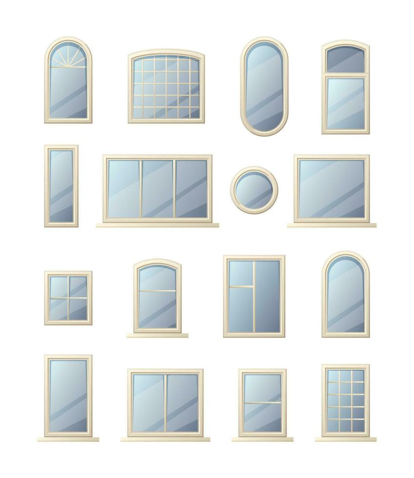Karikatur Fenster. modern Zuhause und Büro Innere Elemente, runden und Platz Außen Fassade architektonisch Objekte mit Rahmen. Vektor isoliert einstellen