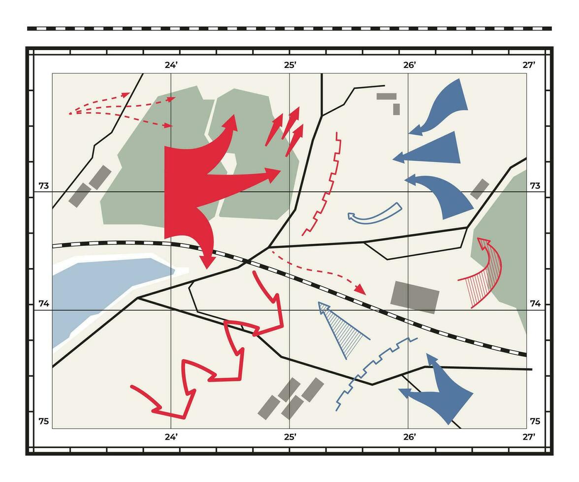 krig Karta. geografi stridande försvar planen med navigering pil ikoner, spaning ge sig på pekare kartografi topografi begrepp. vektor illustration