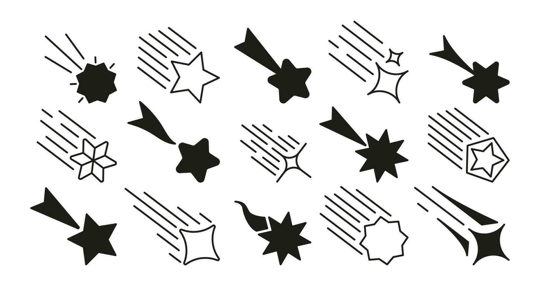 Schießen Star Symbole. abstrakt fallen Symbole mit funkeln Pfad, einstellen von Komet Meteorit Silhouetten anders Formen einfach Design. Vektor isoliert Sammlung