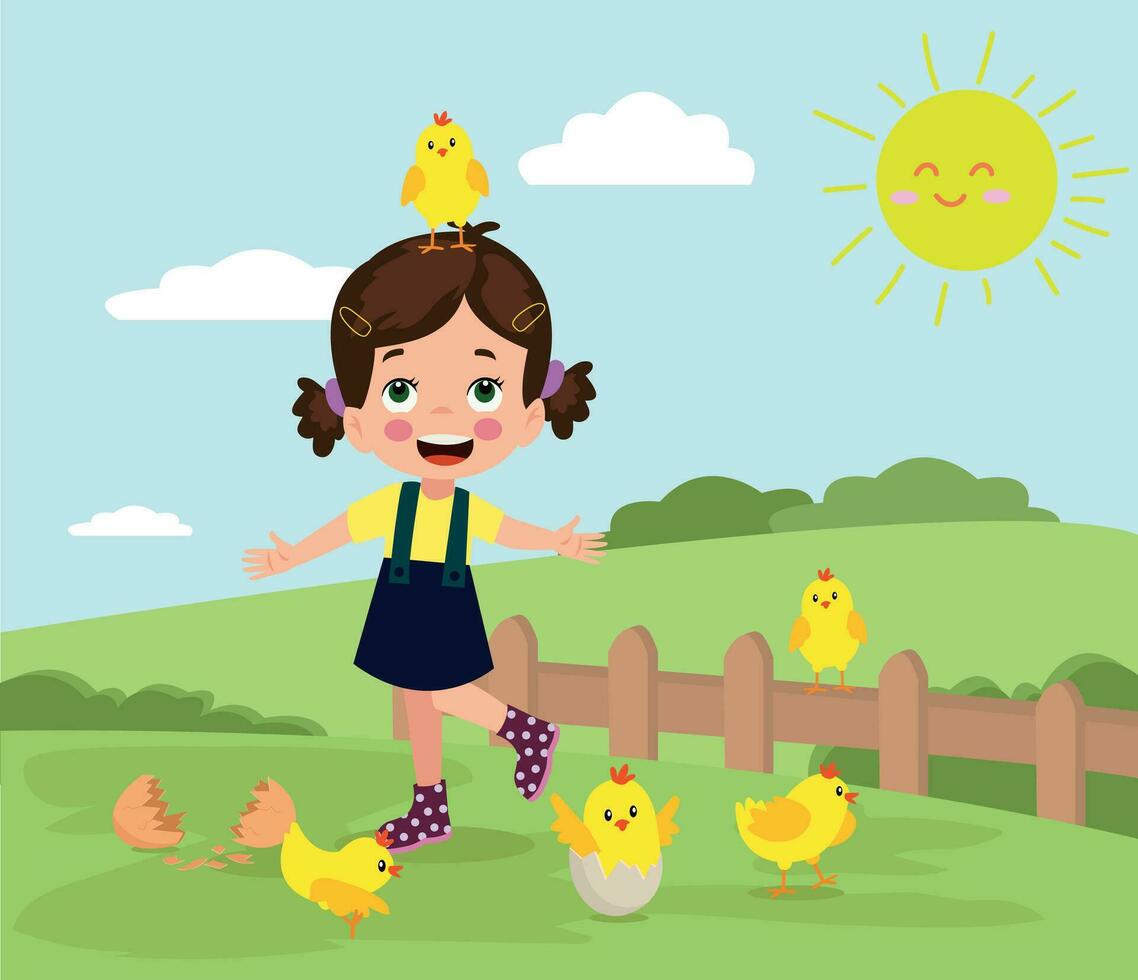 süß wenig Mädchen spielen mit Hühner auf das Bauernhof. Vektor Illustration