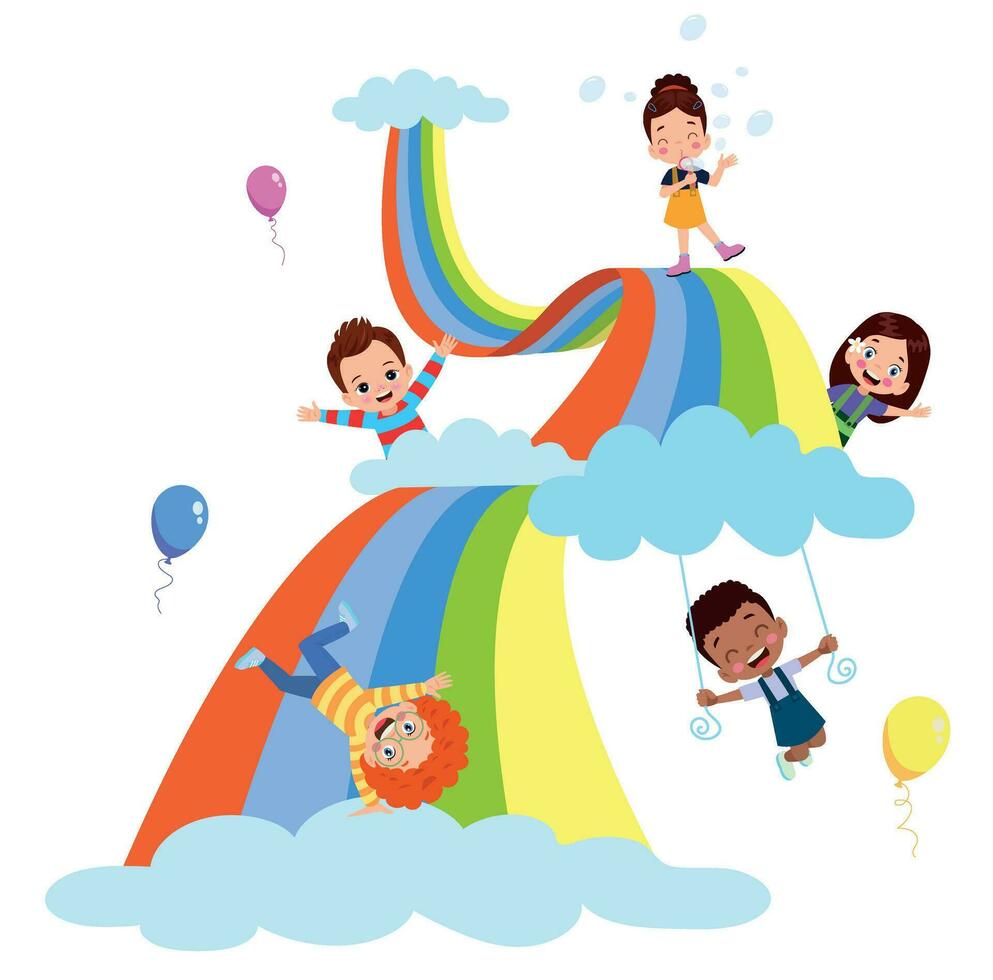 Kinder spielen auf ein Regenbogen. Vektor Illustration im eben Karikatur Stil.