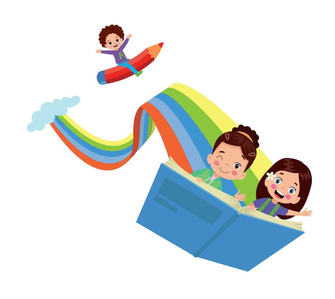 Lycklig barn läsning böcker och flygande på regnbåge, tecknad serie vektor illustration isolerat.