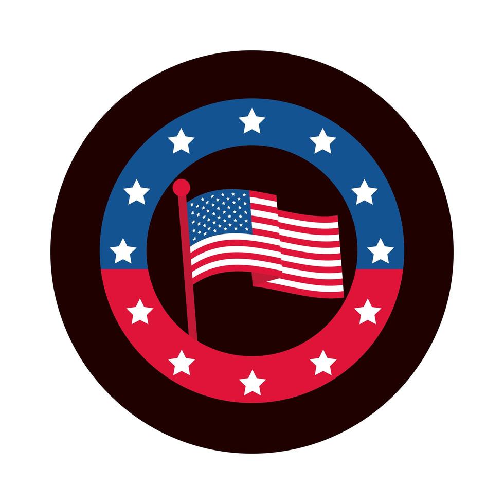 4. Juli Unabhängigkeitstag amerikanische Flagge im Polstern-Abzeichenblock und flacher Stilikone vektor