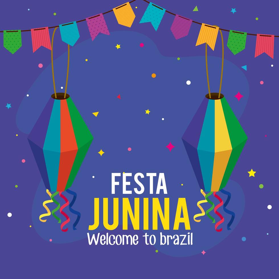 festa junina affisch med lyktor och hängande kransar vektor