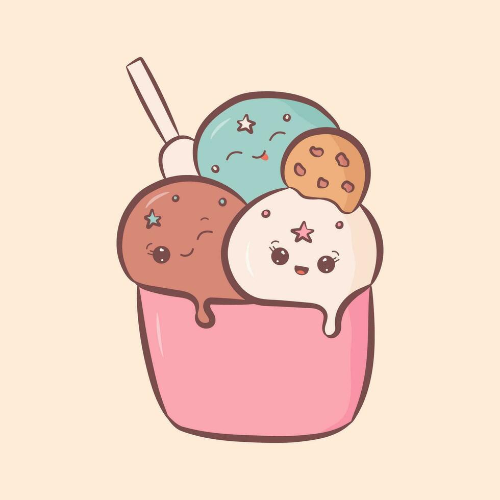 süß Eis Sahne im ein Tasse im kawaii Stil. Sommer- Essen mit glücklich komisch Gesichter. Vektor Illustration von Karikatur Süss Charakter