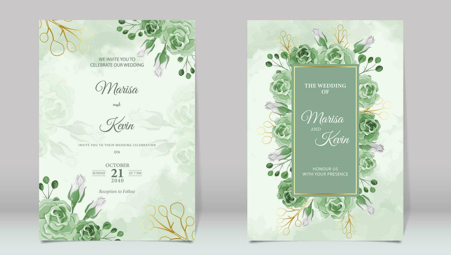 lyx bröllop inbjudan med grön ro och vattenfärg bakgrund vektor