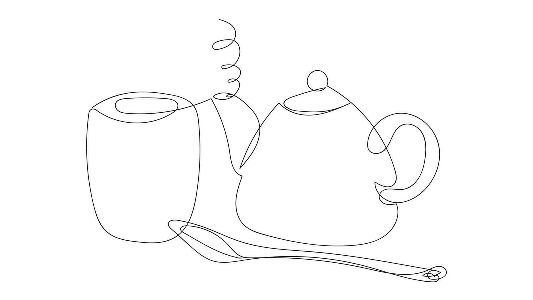 japansk te dricka uppsättning, tekanna, kopp, sked, teckning i ett linje stil på en vit bakgrund. vektor illustration. te affär, te ceremoni. te hus. logotyp, ikon. företag kort, design