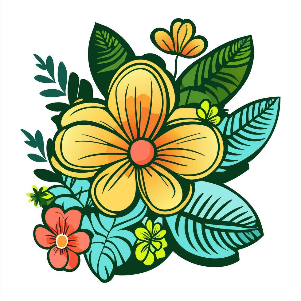 Strauß mit tropokal Blumen mit Gelb Blütenblätter, tropisch Blätter, und Blumen- Elemente auf Weiß Hintergrund. Vektor botanisch Elemente.