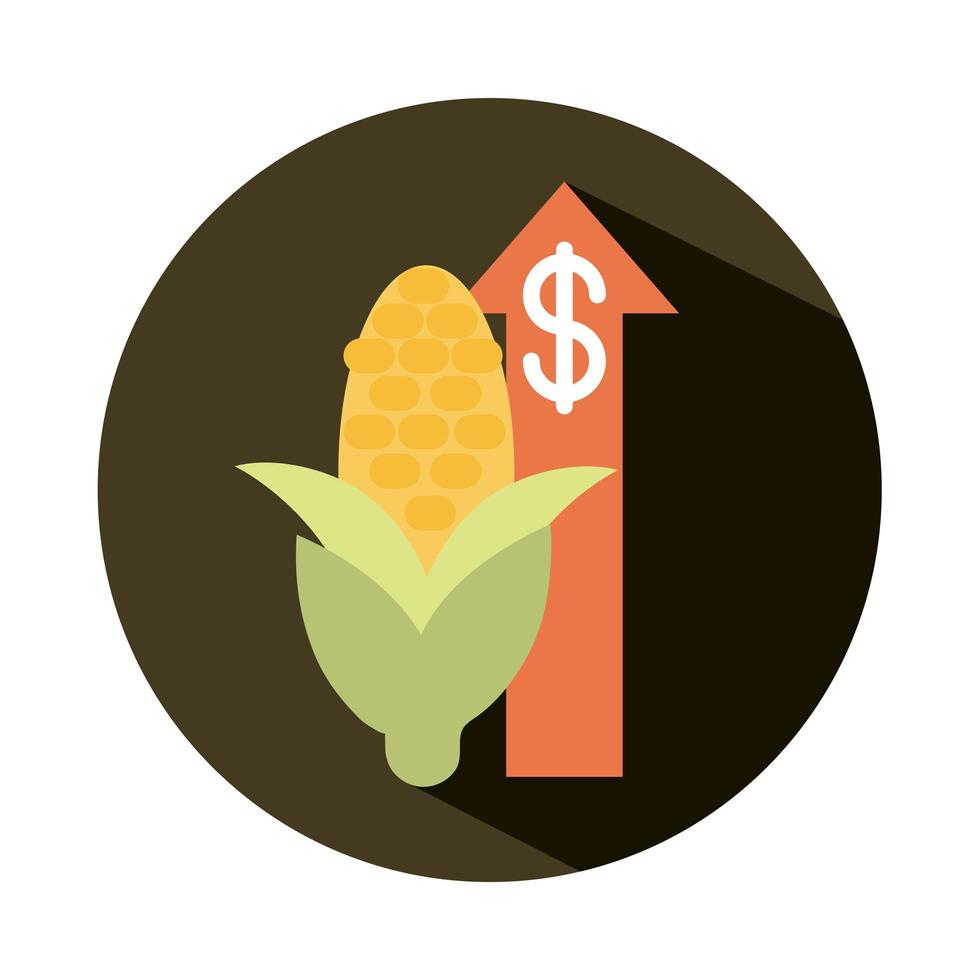 Markt für frischen Mais nach oben Pfeil Geld steigende Lebensmittelpreise Blockstil-Symbol vektor