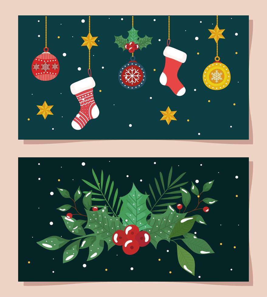 Set Frohe Weihnachten Poster mit Dekoration vektor