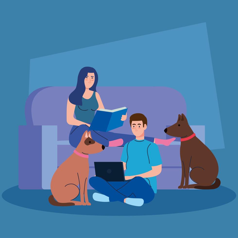 Paar sitzt auf der Couch, Frau liest ein Buch, Mann mit Laptop mit Hundemaskottchen vektor