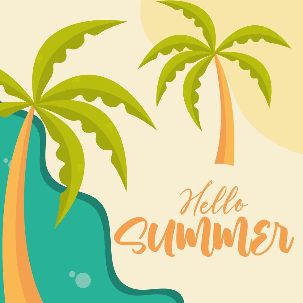 hallo sommer reise und ferienzeit palmen strand küste meer beschriftungstext vektor